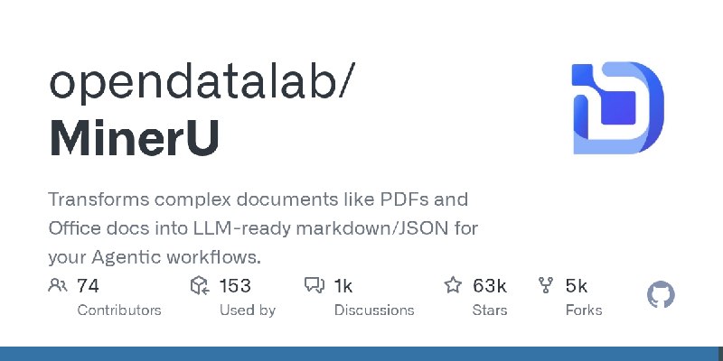 GitHub - opendatalab/MinerU: Transforms complex documents like PDFs and Office docs into LLM-ready markdown/JSON for your Agentic…